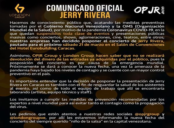 MSC Noticias - Comunicado-Oficial-cancelación-conciert-Jerry-Rivera-Caracas Agencias Com y Pub Musica y Farandula 